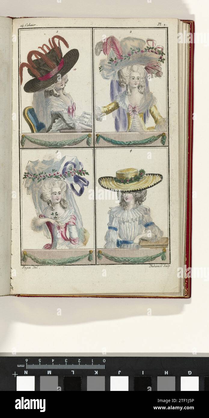 Cabinet of modes o New modes, 1 giugno 1786, PL. 2, A.B. Duhamel, After Pugin, 1786 quattro acconciature da donna con quattro cappelli diversi, in cornici. I rapporti di testo allegati: Fig. 1: Donna in una veste à la Turque di Tafzijde, rivestita con un nastro nero. Lei è in leggero lutto. Sulla testa un cappello di paglia nero con una palla di sguardo nero (Ajustée à pointses de Diamans). Un nastro rosso e un gallo rosso rialzato spuntano intorno alla sfera. Sul bordo posteriore un voile di sguardo, che cade sulla schiena. Fichu van Linen, un arco rosa al centro. Acconciatura "à la Conseillère". Fig. 2: Accappatoio à la turq Foto Stock