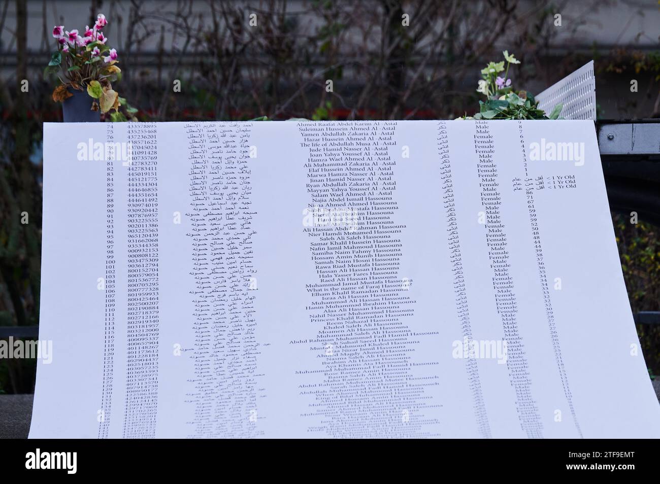 Berlino, Germania. 20 dicembre 2023. Un rotolo di carta lungo un metro dovrebbe mostrare un elenco dei nomi delle persone uccise nella Striscia di Gaza. Si trova accanto alla manifestazione, che si svolge a Steinplatz con lo slogan "studenti uniti per una Palestina libera”. L'associazione studentesca di Berlino ha chiesto la manifestazione, che è diretta contro gli attacchi israeliani alla Striscia di Gaza. Gli organizzatori accusano Israele di essere responsabile del genocidio dei palestinesi. Crediti: Annette Riedl/dpa/Alamy Live News Foto Stock