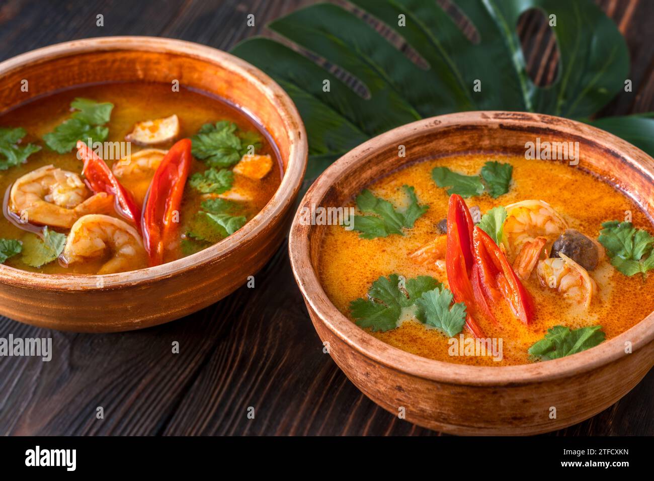 Ciotole di zuppa tom Yum con e senza latte di cocco Foto Stock