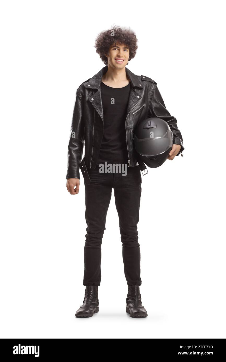 Ritratto a figura intera di un giovane in una giacca di pelle che regge un casco e sorride isolato su sfondo bianco Foto Stock Ritratto a figura intera di un giovane in una giacca di pelle che regge un casco e sorride isolato su sfondo bianco Foto Stock