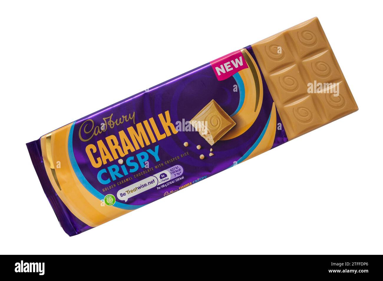 Bar della barretta di cioccolato Cadbury Caramilk Crispy aperto per mostrare contenuti isolati su sfondo bianco Foto Stock