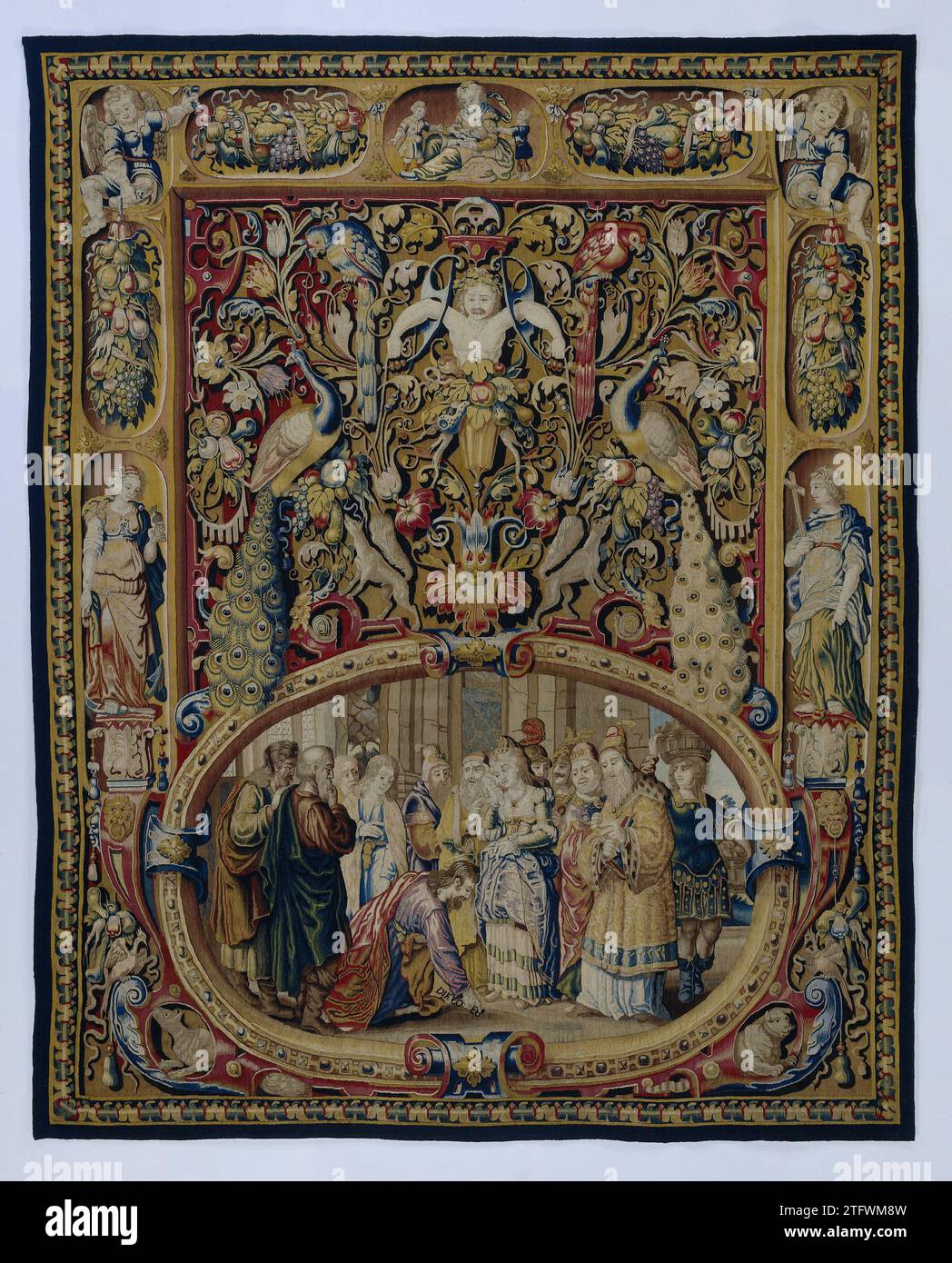 Cristo e la donna adultera, in un cartiglio e in un groteskendecor, Francesco Spiering (possibile), c. 1610 - c. 1625 Groteskentispijp con la donna adultera (Giovanni 8: 2-7). La metà superiore del centrocampo è decorata con grotesken, la scena biblica sulla metà inferiore. Delft Ketting: Lana. Ingresso: Lana. Ingresso: Arazzo di seta Groteskentispijp con la donna adultera (Giovanni 8: 2-7). La metà superiore del centrocampo è decorata con grotesken, la scena biblica sulla metà inferiore. Delft Ketting: Lana. Ingresso: Lana. Ingresso: Tappezzeria di seta Foto Stock