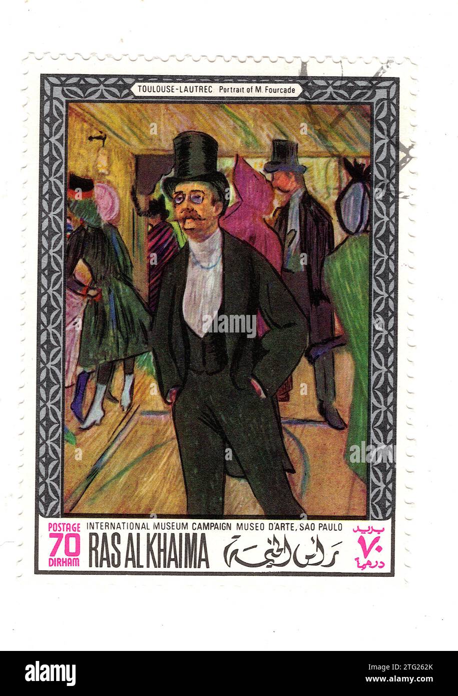 Francobollo vintage di Ras al Khaima con un dipinto di Toulouse Lautrec isolato su uno sfondo bianco. Foto Stock