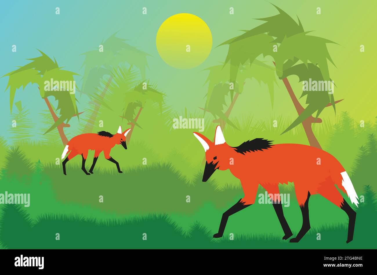 Lupi rossi nella verdeggiante Wilderness Illustrazione Vettoriale