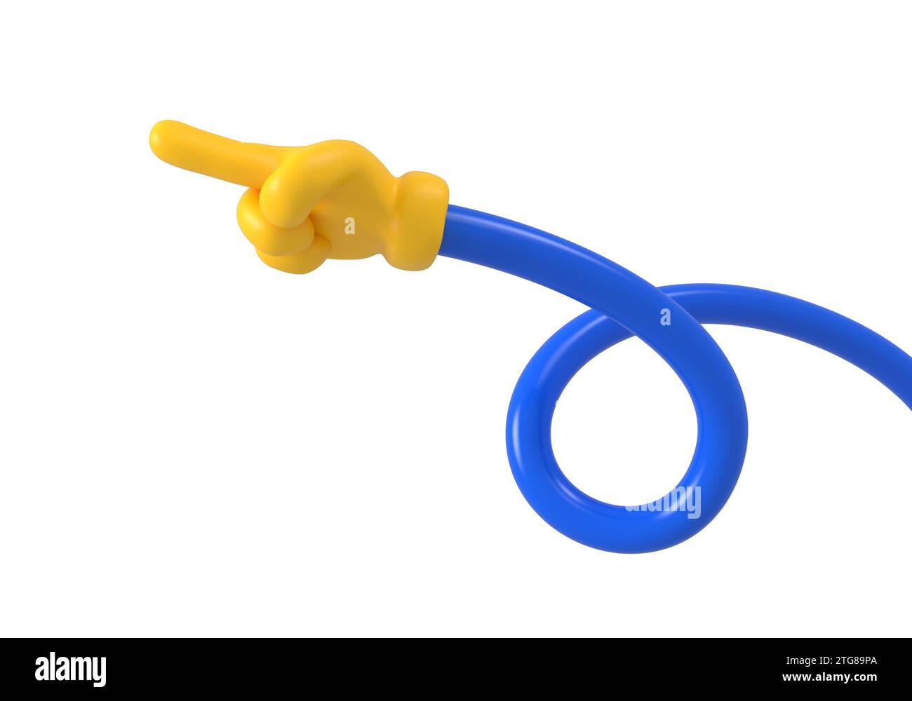 Emoji giallo lunga mano intrecciata flessibile che mostra un gesto di puntamento sinistro isolato. Primo piano toccare l'icona dei gesti, il simbolo, il segnale e il segno. rendering 3d. Foto Stock