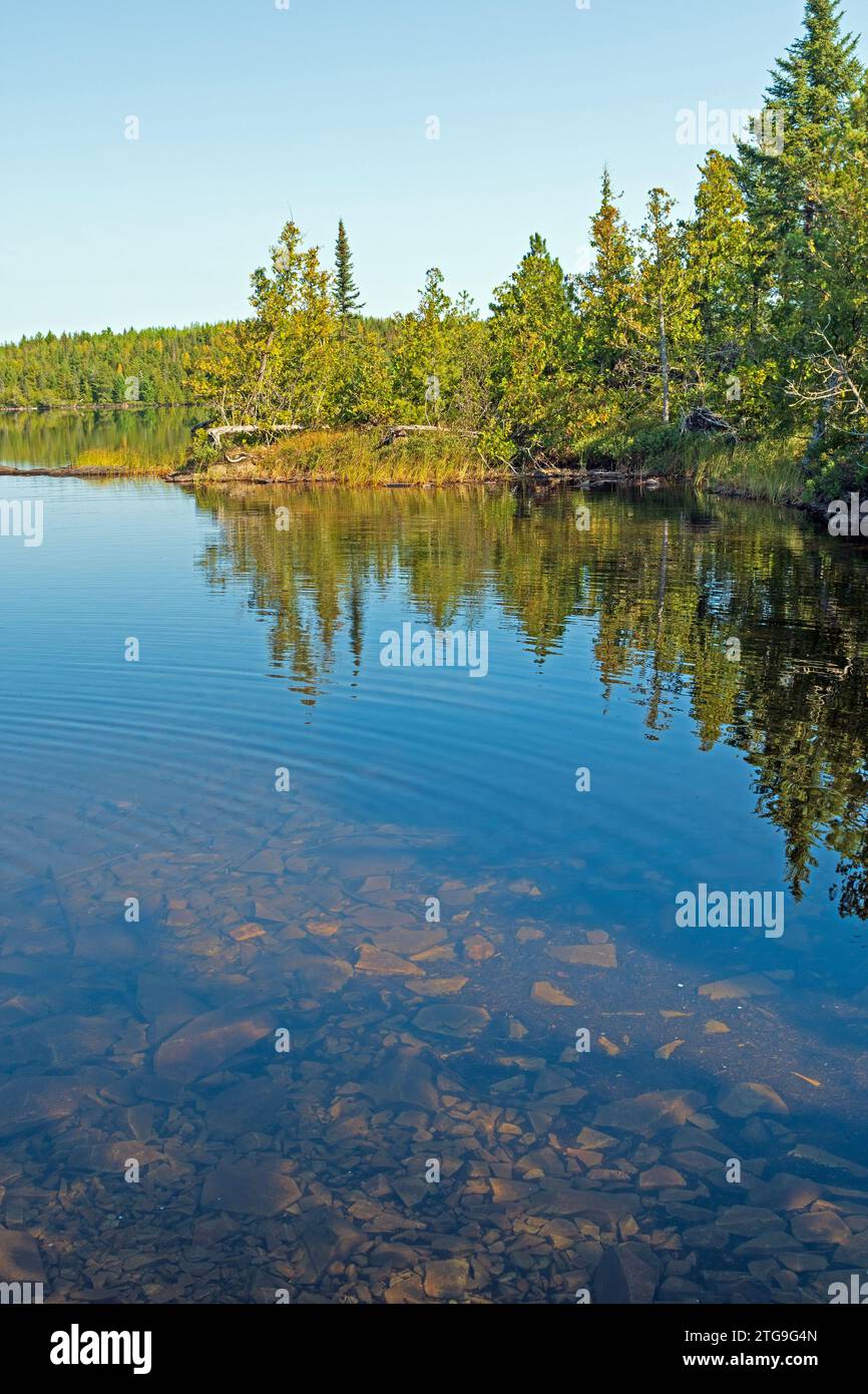 Acque calme e limpide su un lago North Woods sul lago Pickle nella Boundary Waters Canoe area in Minnesota Foto Stock