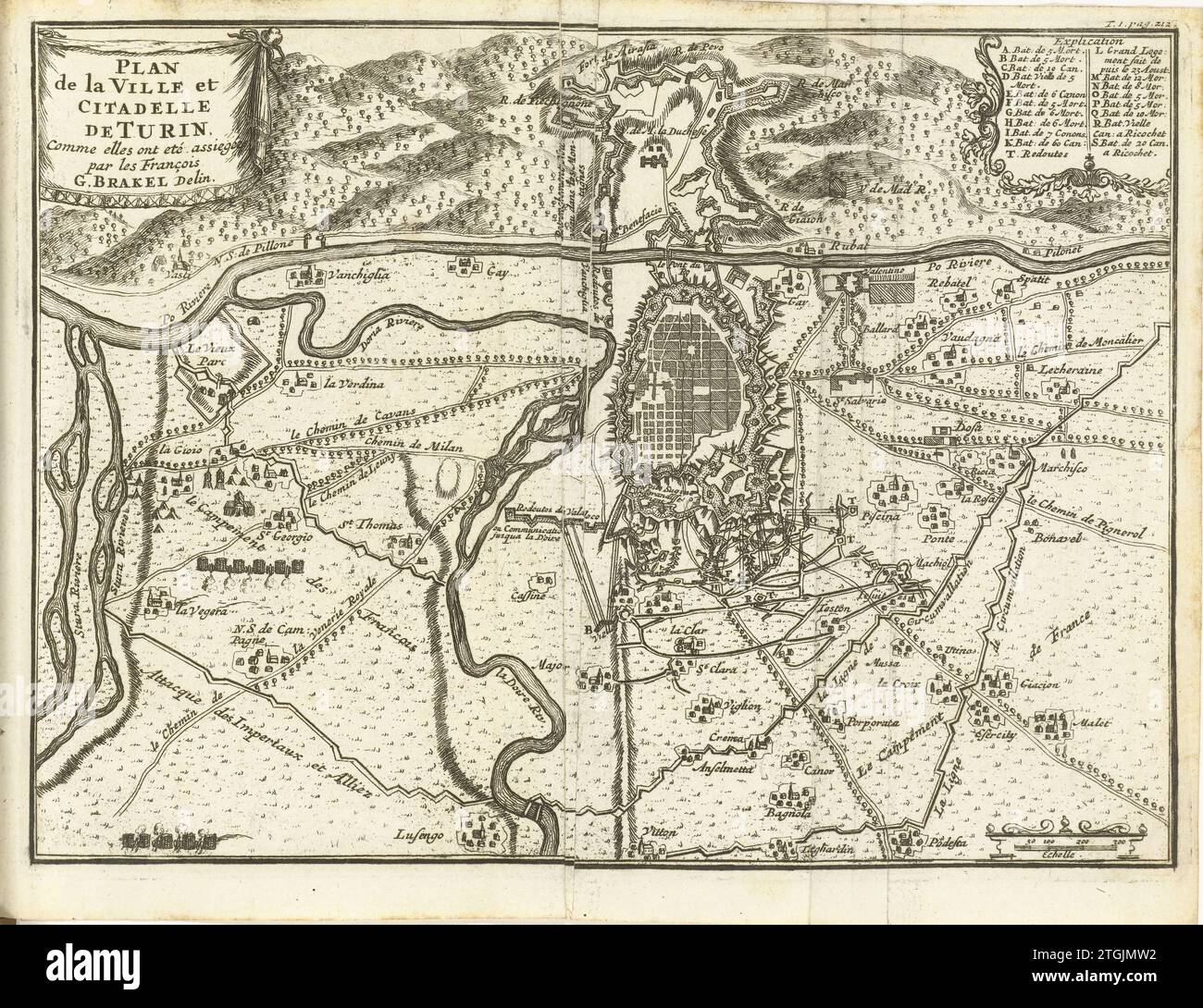 Assedio di Torino, 1706, 1714 - 1716 Mappa di Torino assediata dai francesi ma sollevata dagli Alleati il 7 settembre 1706. Illustrazione nella traduzione olandese del 1716 di J. Lamigue, The Life of His Hoogheit Johan Willem Friso, dl. I, pag. 212/213. Tipografia: Northern Netherlandspublisher: Amsterdam paper etching Torino Mappa di Torino assediata dai francesi ma sollevata dagli Alleati il 7 settembre 1706. Illustrazione nella traduzione olandese del 1716 di J. Lamigue, The Life of His Hoogheit Johan Willem Friso, dl. I, pag. 212/213. Tipografia: Olanda settentrionale spublisher: Incisione su carta di Amsterdam Foto Stock