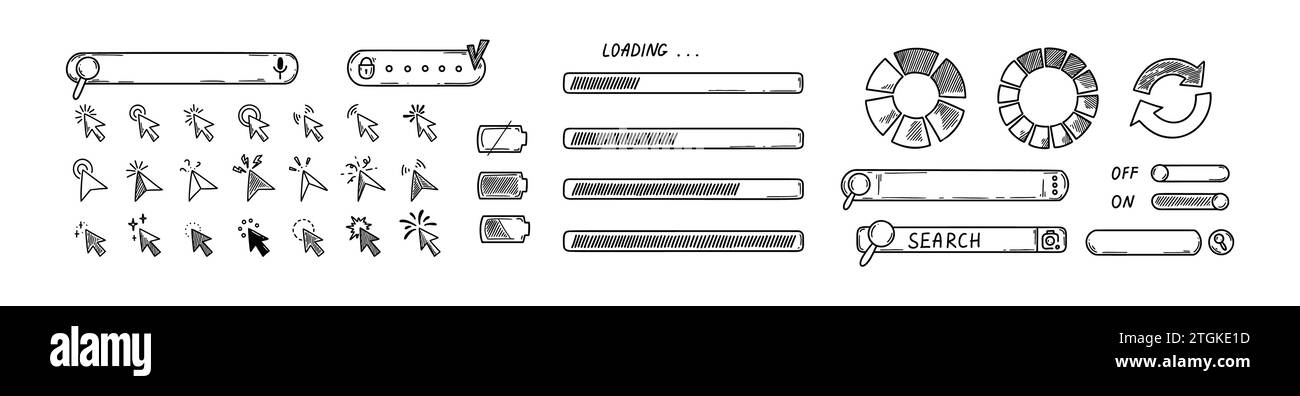 Elementi di progettazione dell'interfaccia Doodle. Fare clic su raccolta icone. Barre di caricamento dello schizzo, caselle di ricerca, interruttore di accensione/spegnimento, finestra della password, livello del caricabatteria Illustrazione Vettoriale