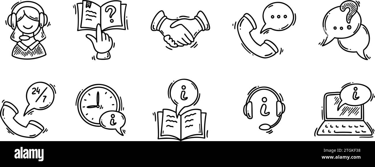 Set di icone Doodle Information desk. Schizzo disegnato a mano informazioni sulla guida del cliente illustrazione del vettore di assistenza. Contattaci, domande frequenti, call center, banco clienti, RECE Illustrazione Vettoriale