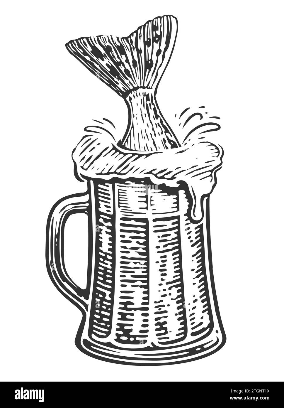 Tazza di birra e coda di pesce. Bevanda alcolica. Stile di incisione dello schizzo Illustrazione Vettoriale