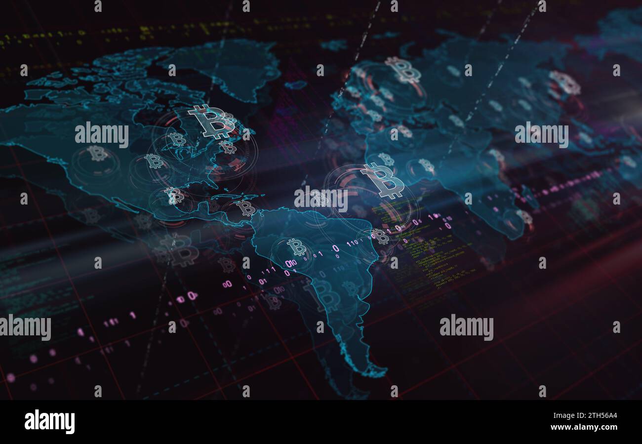 Bitcoin blockchain criptovaluta e simboli di moneta digitale sul concetto di tecnologia mappa mondiale illustrazione 3D. Foto Stock