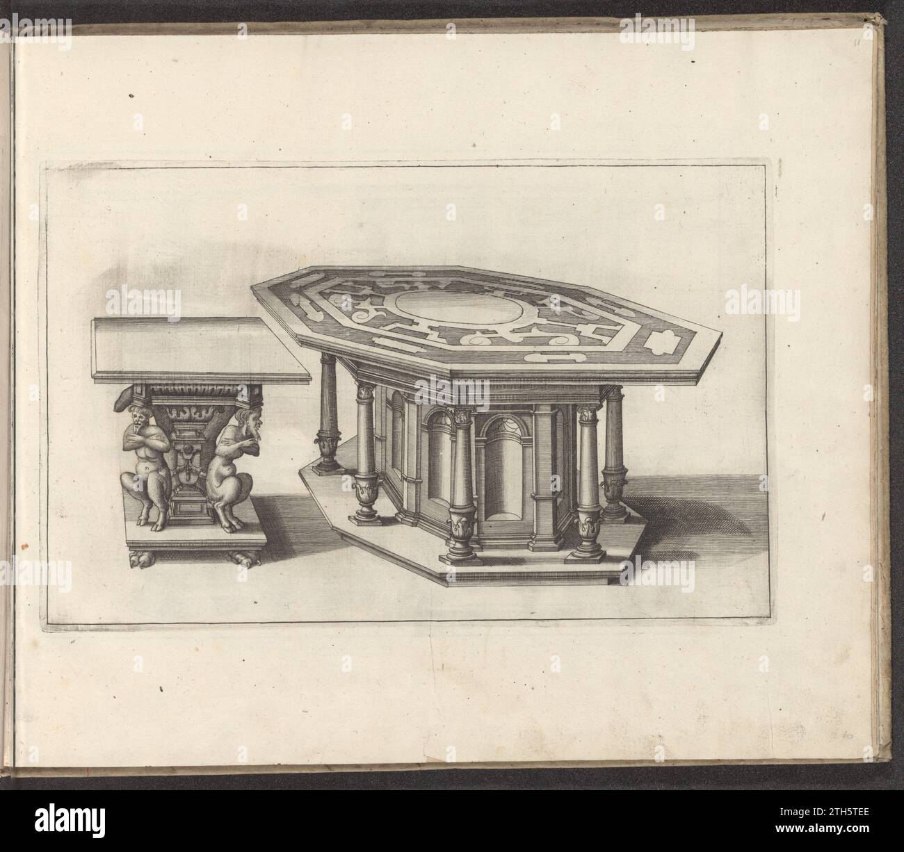 Due tavoli, 1658 due tavoli. Ha lasciato un piccolo tavolo quadrato. La lamella è supportata da saters. A destra un grande tavolo. La foglia e il piedistallo hanno una forma esagonale. Il caricatore è supportato da pilastri staccati. La stampa fa parte di un album. Carta di Colonia (possibilmente) incidere due tavoli. Ha lasciato un piccolo tavolo quadrato. La lamella è supportata da saters. A destra un grande tavolo. La foglia e il piedistallo hanno una forma esagonale. Il caricatore è supportato da pilastri staccati. La stampa fa parte di un album. Incisione su carta di Colonia (possibilmente) Foto Stock
