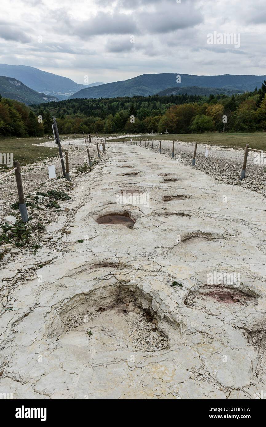 Le più grandi impronte di dinosauri in Francia vicino al villaggio di Plagne. | Les Plus grandes empreintes de dinosaures en France se trouvent a cote du vi Foto Stock