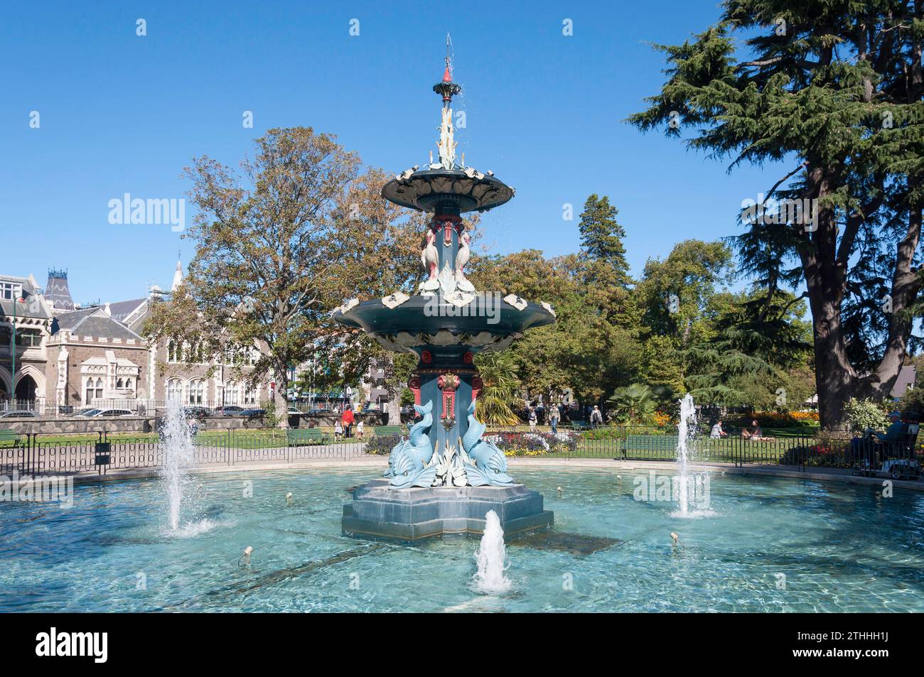 Il Pavone Fontana, Christchurch Giardini Botanici, Christchurch, Canterbury, Isola del Sud, Nuova Zelanda Foto Stock
