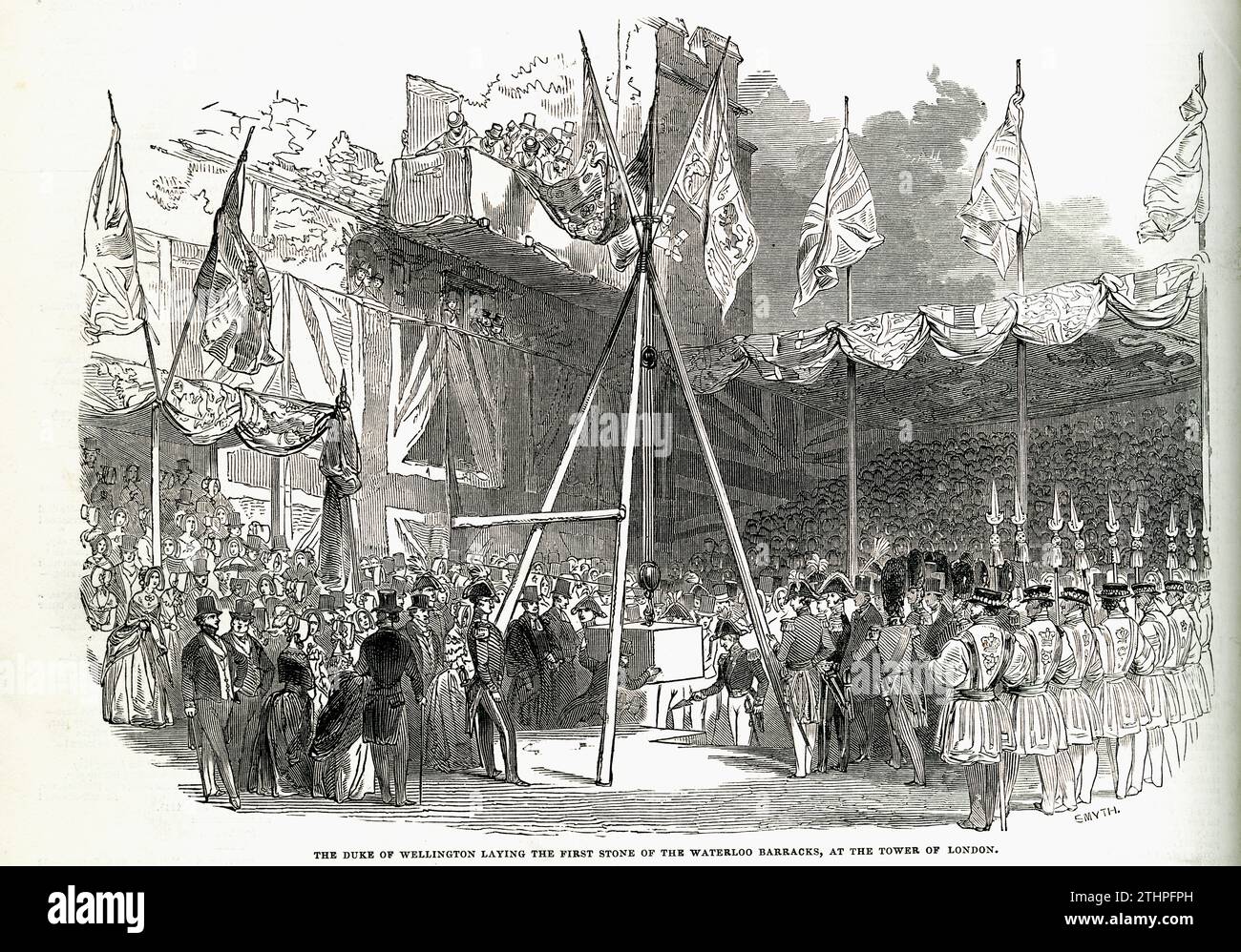 Incisione "il Duca di Wellington che posa la prima pietra della caserma Waterloo, alla Torre di Londra" illustrò London News 21 giugno 1845 Foto Stock