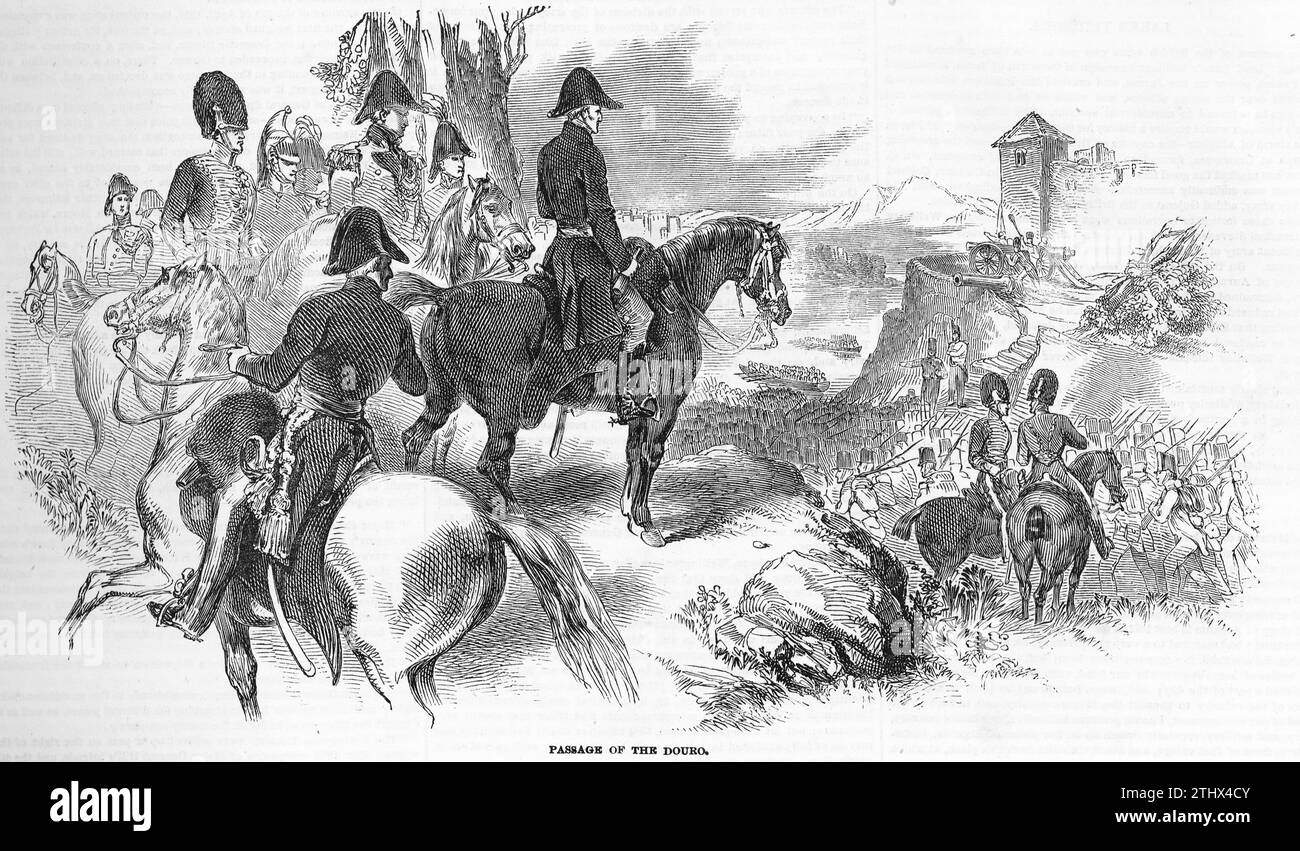 Il Duca di Wellington al passaggio del Douro. Illustrazione pubblicata su London Illustrated News luglio - dicembre 1852 Foto Stock