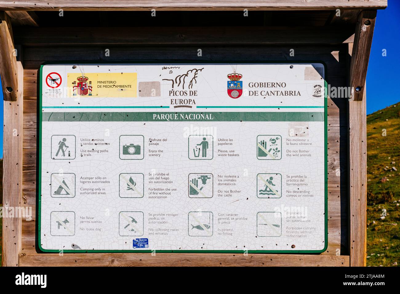 Pannello informazioni Parco Nazionale. Jito de Escarandi, al confine tra le Asturie e la Cantabria, è il punto di partenza per molte escursioni. Jito de e Foto Stock