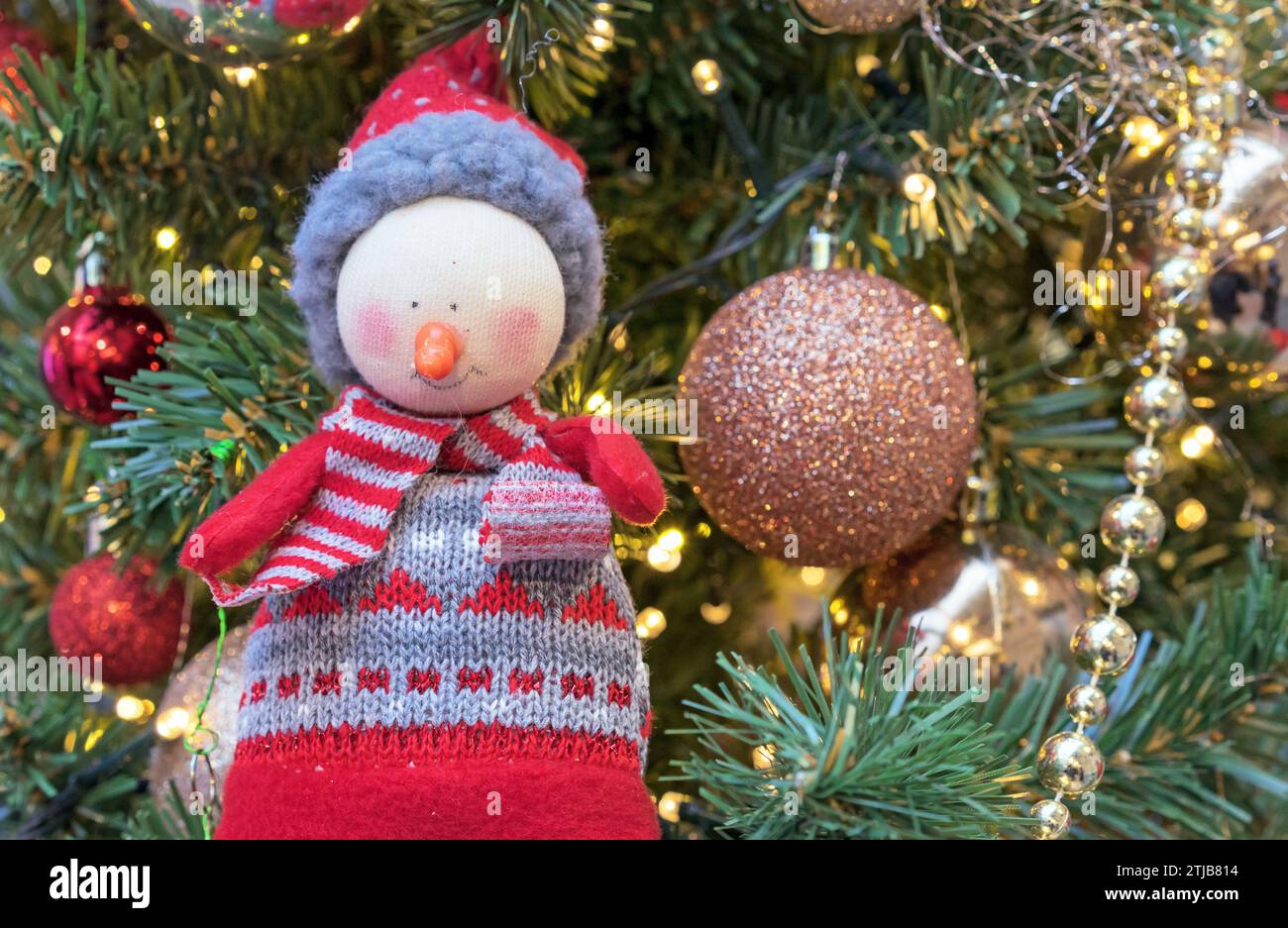 Simpatico pupazzo di neve con maglione di lana, cappello e sciarpa sullo sfondo di un albero di Natale. Foto Stock