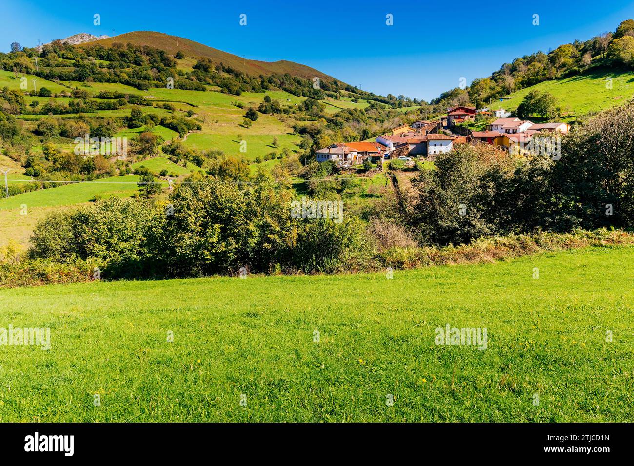 Vista del villaggio di Pedrovella, Quirós, Principato delle Asturie, Spagna, Europa Foto Stock