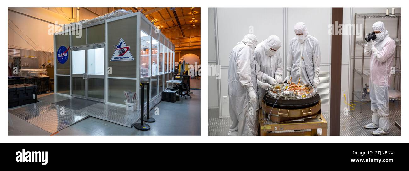 2 immagini della camera bianca e degli scienziati viste durante le prove in preparazione per il recupero della capsula di ritorno campione dalla missione OSIRIS-Rex della NASA, 22 settembre 2023, presso lo Utah test and Training Range del Dipartimento della difesa. Il campione è stato raccolto dall'asteroide Bennu nell'ottobre 2020 dalla navicella spaziale OSIRIS-Rex della NASA e tornò sulla Terra il 24 settembre 2023, atterrando sotto paracadute allo Utah test and Training Range. Versione ottimizzata di un'immagine originale della NASA / credito: NASA / KBarber Foto Stock