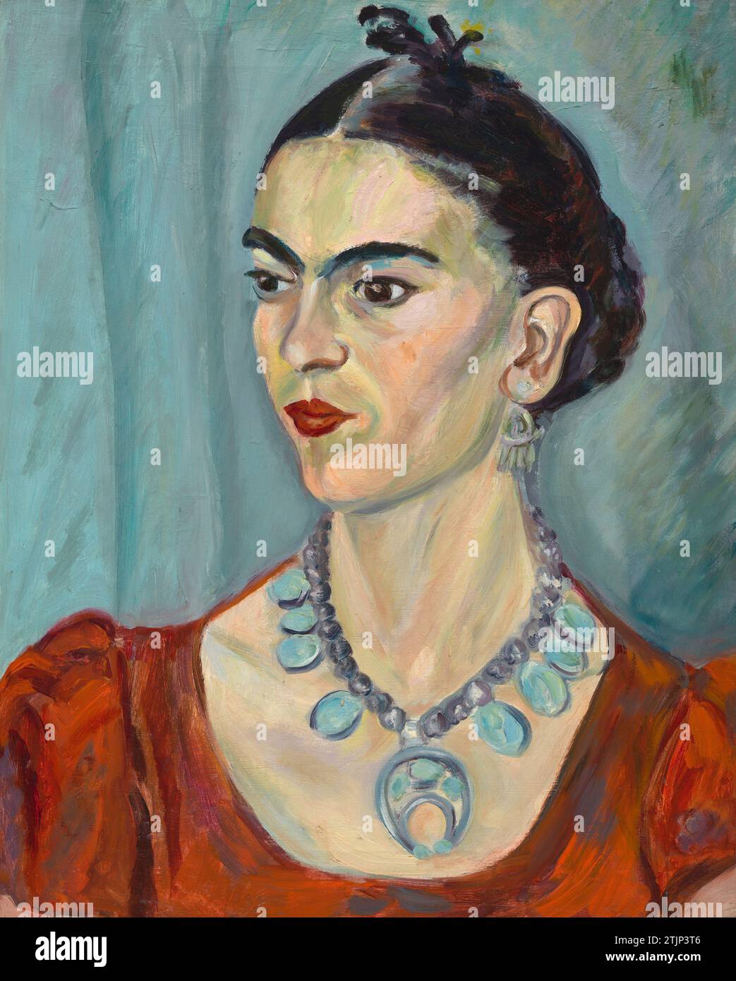 Ritratto di Frida Kahlo di Magda Pach. Frida Kahlo attingeva alla cultura popolare del Messico per sviluppare uno stile visionario di autoritratto. Fondendo fantasia con realismo, ha dato forma visiva alla sofferenza che aveva subito a seguito di una lesione traumatica e di una cattiva salute, sondando anche la politica di genere, classe e razza dalla sua prospettiva di comunista impegnata. Sostenendo l'esperienza personale e l'identità culturale come soggetti validi per l'arte, Kahlo è diventato un'icona culturale. Versione ottimizzata di un'immagine dell'opera d'arte nella National Portrait Gallery, Smithsonian Institution, Washington DC Foto Stock
