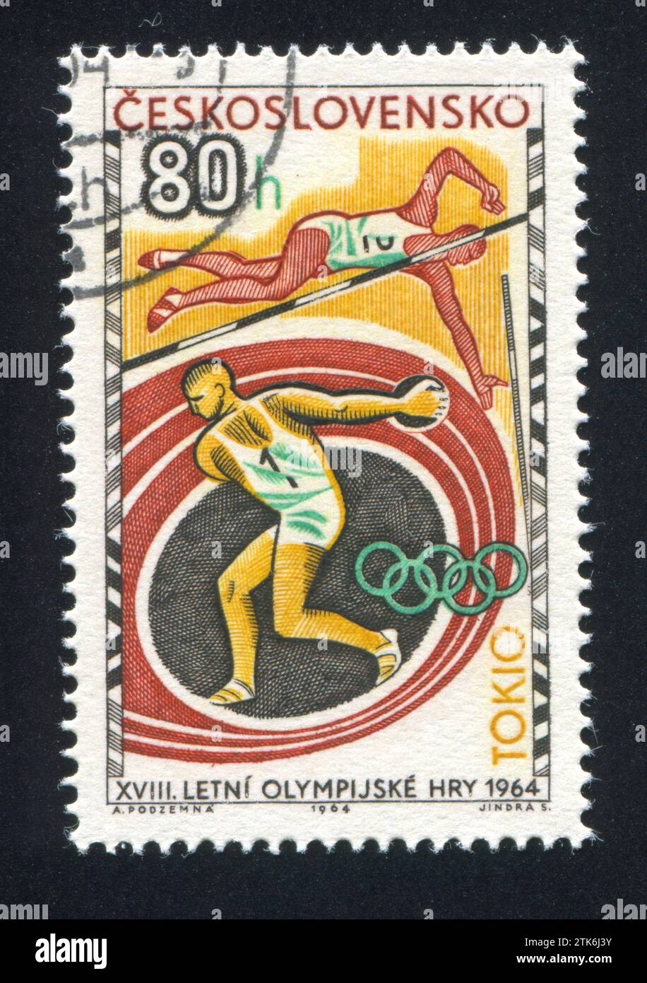 CECOSLOVACCHIA - CIRCA 1964: Francobollo stampato dalla Cecoslovacchia, mostra Discus Thrower and Pole Vaulter, circa 1964 Foto Stock