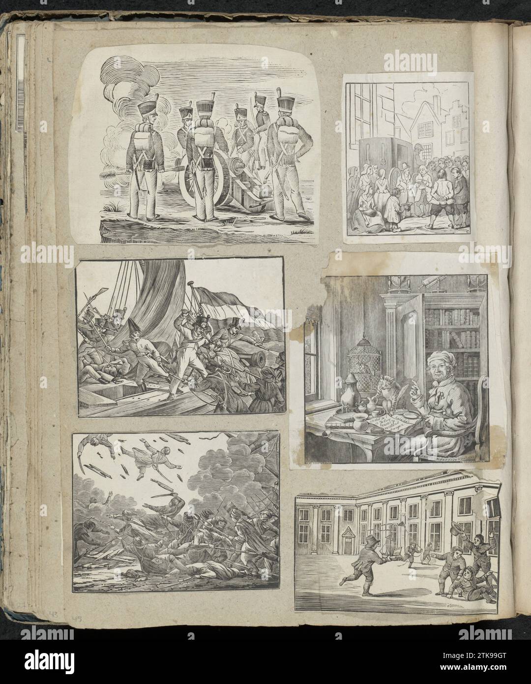 Rivista album con varie esibizioni, 1814 - 1869 rivista album con 6 ritagli di stampe principalmente folk, tra gli altri, soldati che sparano un cannone, una folla per strada, uno studioso nel suo studio e bambini che giocano. Nijmegen paper snipping album magazine con 6 ritagli di esibizioni principalmente di stampe popolari, tra gli altri, soldati che sparano un cannone, una folla per strada, uno studioso nel suo studio e bambini che giocano. Snipping di carta Nijmegen Foto Stock