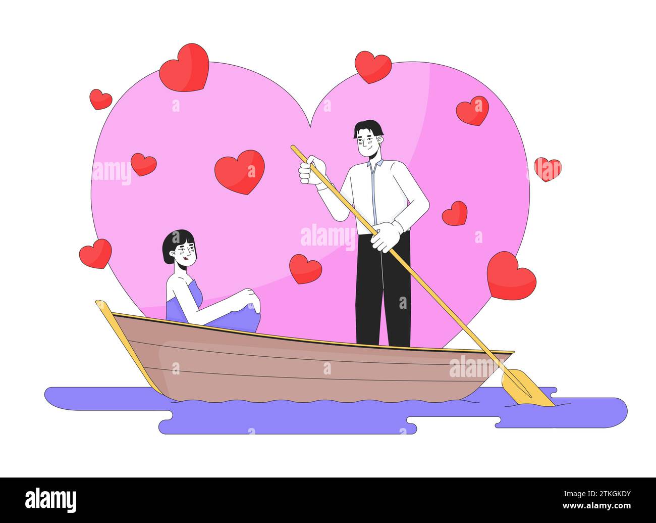Serata romantica sul lago con illustrazione lineare 2D. Illustrazione Vettoriale