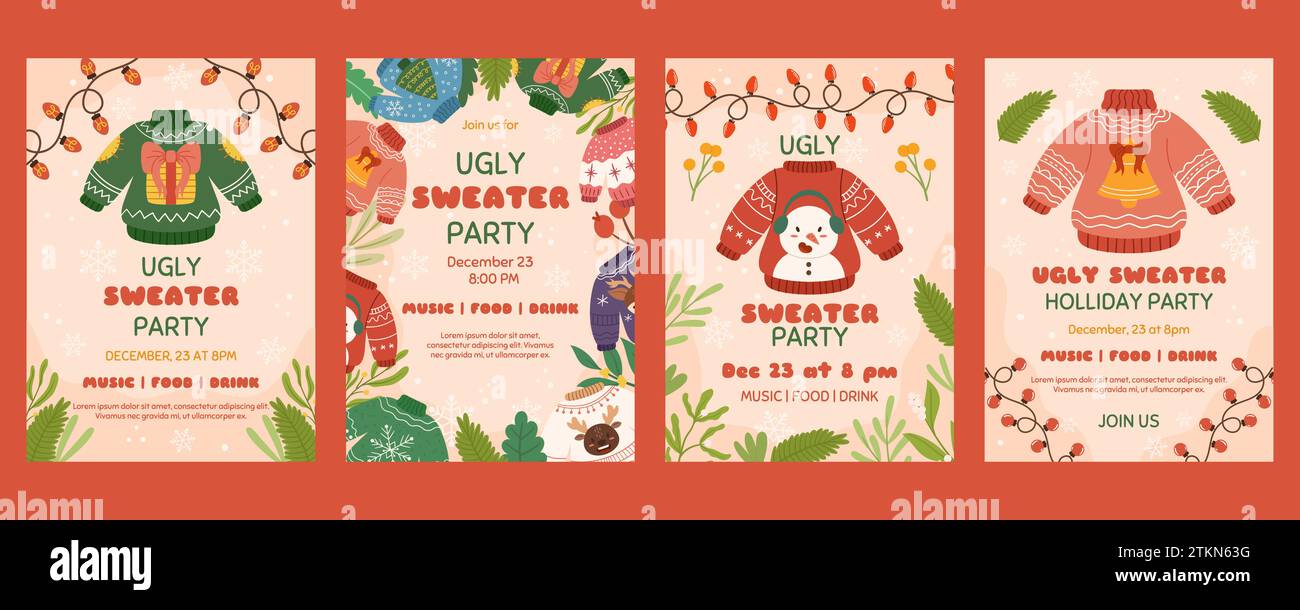 Modello di poster natalizio con spazio per la copia, invito per la festa di Natale del maglione Ugly. Volantino verticale decorato con rami di piante, maglioni divertenti, ligh Illustrazione Vettoriale