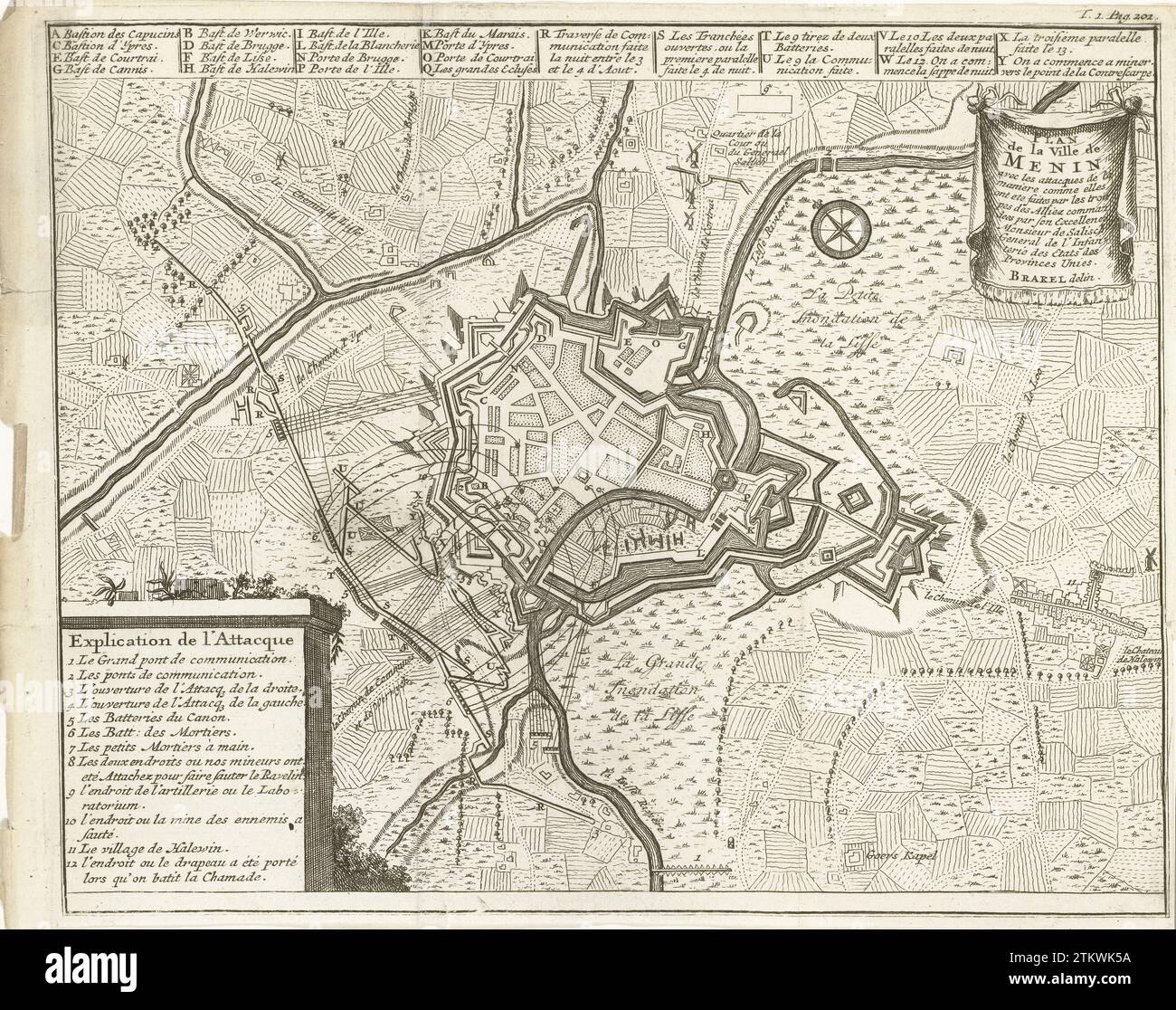 Assedio di Menen, 1706, 1714 - 1716 Mappa con l'assedio di Menen da parte degli Alleati, 1706. Illustrazione nella traduzione olandese del 1716 di J. Lamigue, The Life of His Hoogheit Johan Willem Friso, dl. I, pag. 200/201. Tipografia: Northern Netherlandspublisher: Amsterdam paper etching i Will Go Map with the Siege of Menen by the Allies, 1706. Illustrazione nella traduzione olandese del 1716 di J. Lamigue, The Life of His Hoogheit Johan Willem Friso, dl. I, pag. 200/201. Tipografia: Northern Netherlandspublisher: Amsterdam paper etching i will go Foto Stock