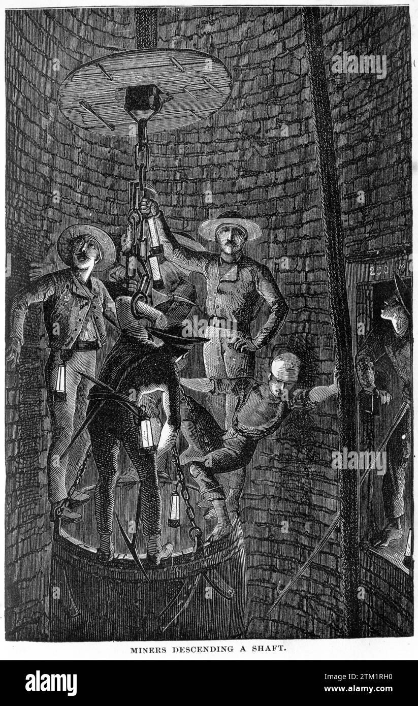 Incisione di minatori che scendono da un pozzo in una miniera di carbone, dal mondo sotterraneo, circa 1878 Foto Stock