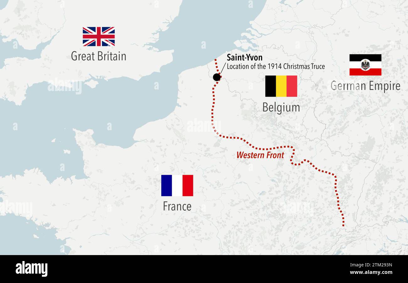 Mappa che mostra la posizione della tregua di Natale del 1914 durante la prima guerra mondiale tra Francia, Gran Bretagna e impero tedesco Foto Stock