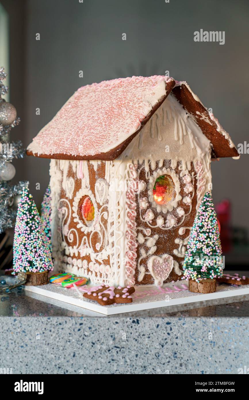 Casa di pan di zenzero con glassa bianca e rosa. Vista verticale verticale. Foto Stock