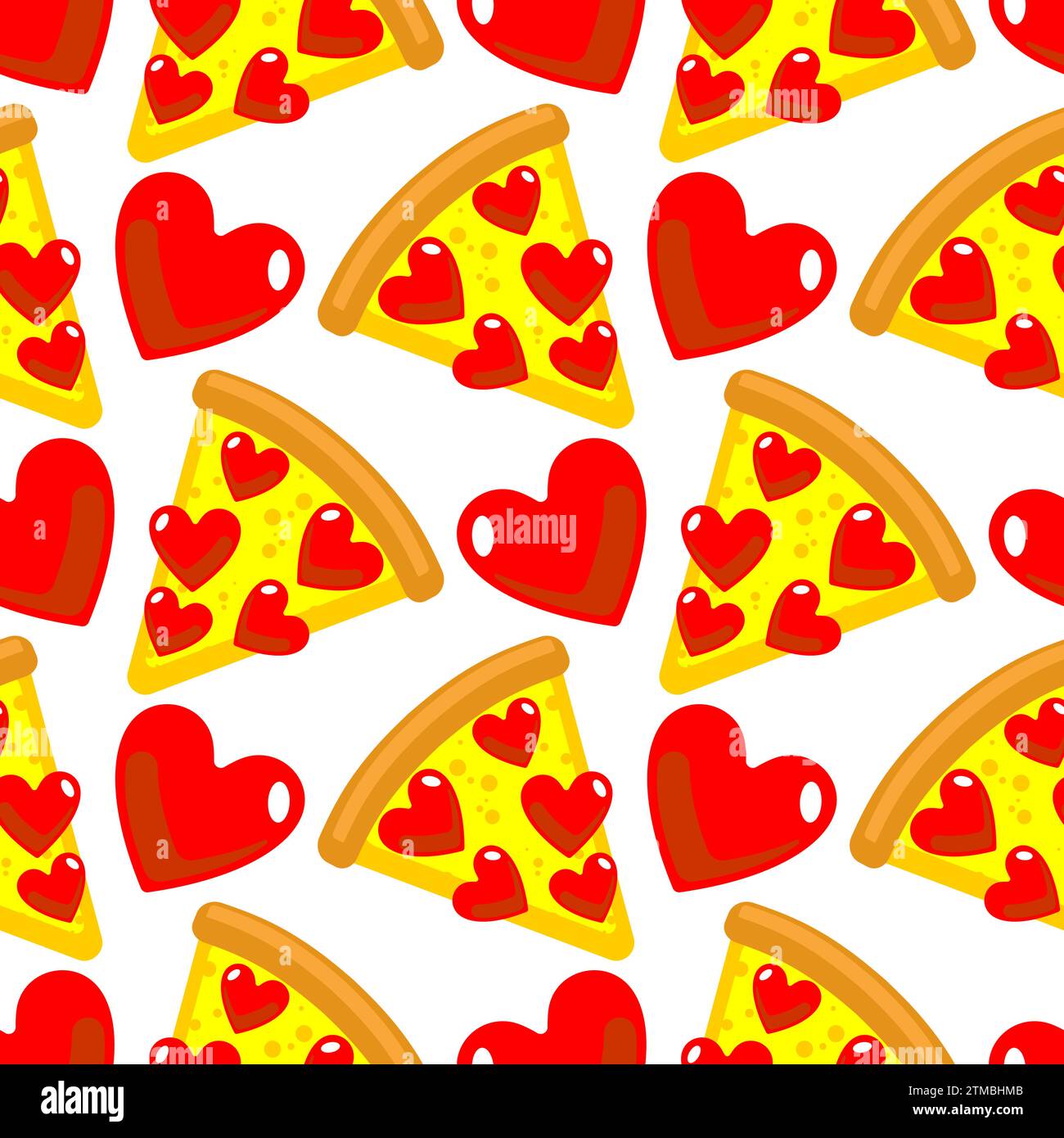 Pizza Love Pattern senza cuciture. Un pezzo di pizza con sfondo a cuore. Cartello per la texture della pizzeria Illustrazione Vettoriale