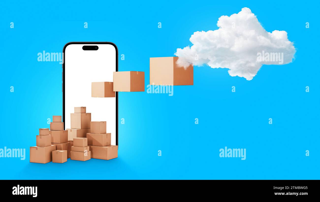 Scatola di consegna e smartphone mobile su sfondo blu. Invio di file a Un server cloud, idea creativa. Informazioni sulla memorizzazione dei file nel cloud. Sho online Foto Stock