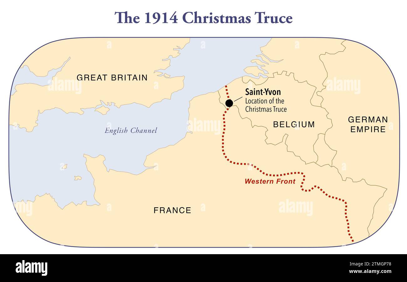 Mappa che mostra la posizione della tregua di Natale del 1914 durante la prima guerra mondiale tra Francia, Gran Bretagna e impero tedesco Foto Stock