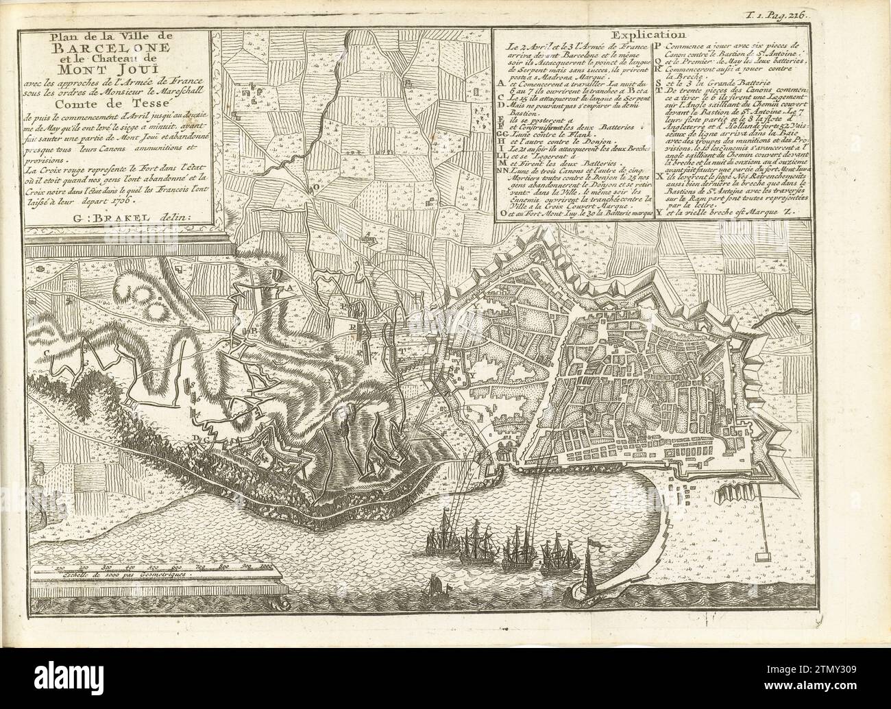 Assedio di Barcellona, 1706, 1714 - 1716 Mappa di Barcellona assediata dall'esercito francese e sollevata dagli Alleati, 12 maggio 1706. Illustrazione nella traduzione olandese del 1716 di J. Lamigue, The Life of His Hoogheit Johan Willem Friso, dl. I, pag. 216/217. Tipografia: Northern Netherlandspublisher: Carta di Amsterdam incide su Barcellona Mappa di Barcellona assediata dall'esercito francese e sollevata dagli Alleati, 12 maggio 1706. Illustrazione nella traduzione olandese del 1716 di J. Lamigue, The Life of His Hoogheit Johan Willem Friso, dl. I, pag. 216/217. Tipografia: Northern Netherlandspublisher: Amsterdam pap Foto Stock