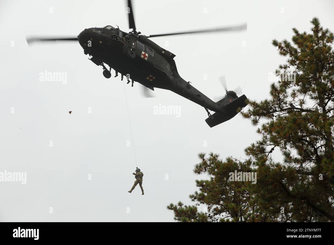 US Army UH-60L Black Hawk elicotteri capitani con Charlie Company, distaccamento 2, 1st-171st General Support Aviation Battalion, 57th Troop Command, New Jersey Army National Guard, condurre addestramento di evacuazione medica con medici da combattimento con il 1st Battalion, 114th Infantry Regiment, 44th Infantry Brigade Combat Team, NJARNG, presso Joint base McGuire-Dix-Lakehurst, New Jersey, 7 novembre 2023. Il 44° medico da combattimento IBCT ha condotto un addestramento MEDEVAC in preparazione del prossimo dispiegamento dell’unità. (US Army National Guard foto di SPC. Seth Cohen) Foto Stock