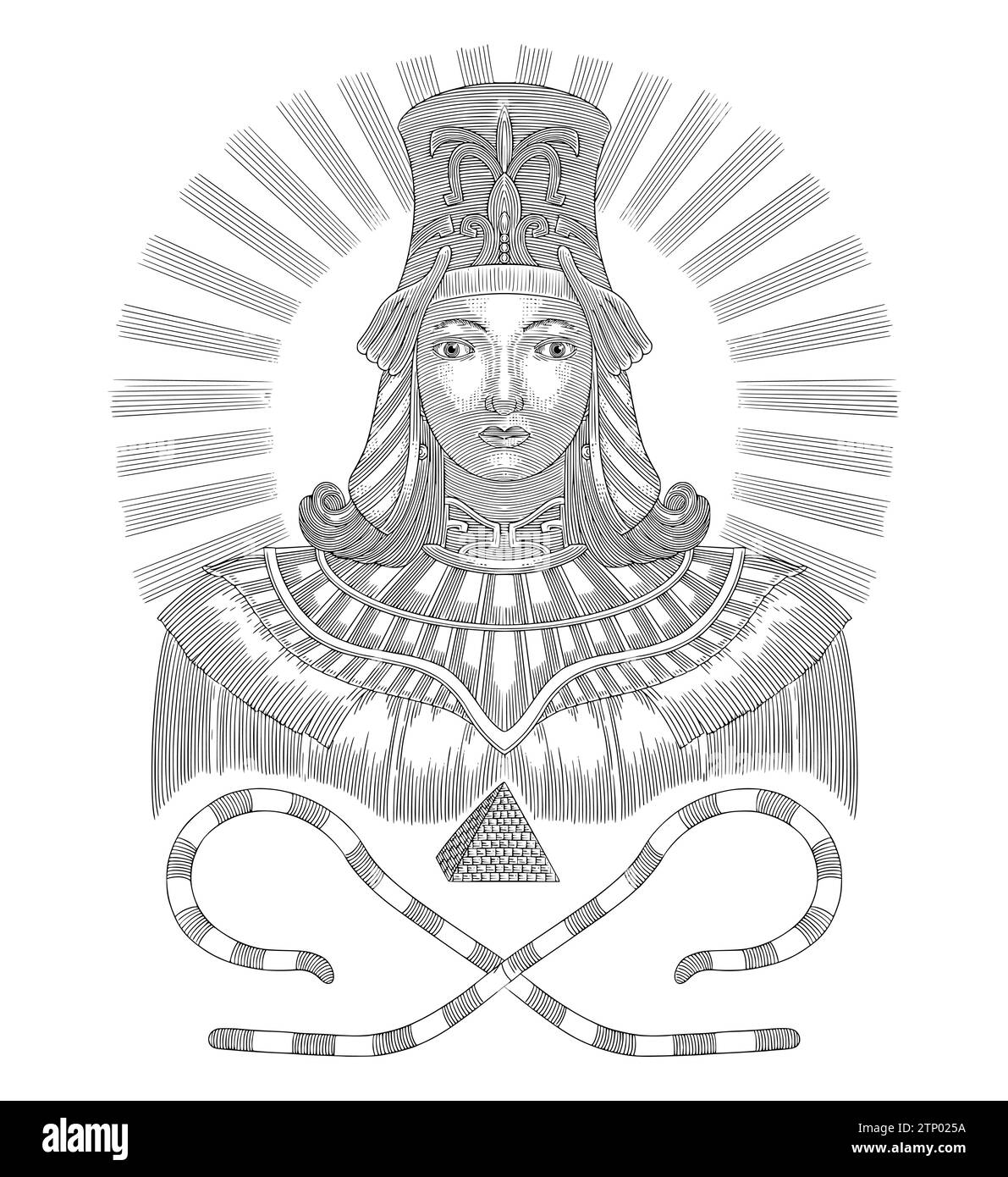 Principessa Cleopatra, dea egiziana, illustrazione in stile disegno con incisione Vintage Illustrazione Vettoriale
