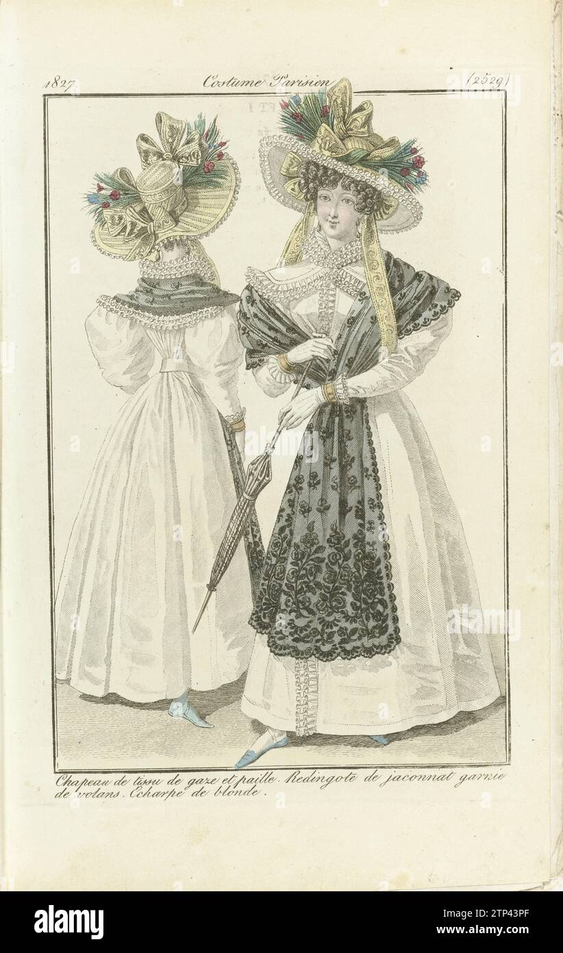 Journal of Ladies and Modes 1827, costume parigino (2529), 1827 carta incisa incisione Foto Stock