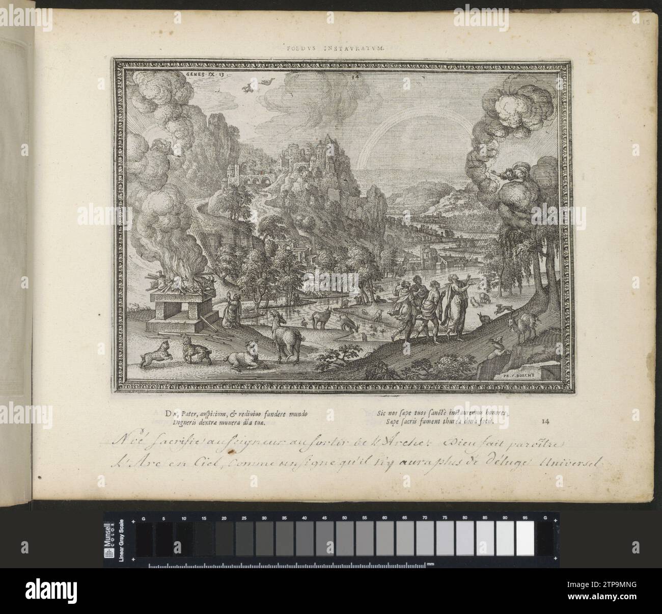 Offerta da Noè / Verbond tra Dio e Noè, 1613 Noè si inginocchiano a sinistra con un altare sacrificale. Ci sono diversi animali. Sullo sfondo l'arcobaleno che Dio mostra come segno della sua promessa di non distruggere mai più la terra con un diluvio (Gen. 9:13). Con un motto in latino sopra la performance e una didascalia a quattro righe in latino sotto la stampa. La stampa fa parte di un album. Tipografia: Antwerppublisher: Stampa tipografica su carta di Amsterdam / incisione di Noè in ginocchio sulla sinistra con un altare sacrificale. Ci sono diversi animali. Sullo sfondo l'arcobaleno che Dio mostra Foto Stock
