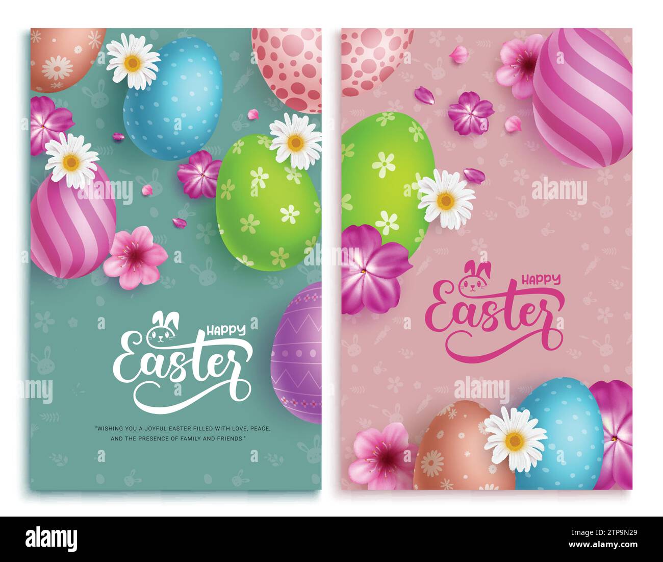 Set vettoriale per poster happy easter egg. Collezione di cartoline di auguri di buona pasqua con uova colorate stampate ed elementi floreali carini. Vettore Illustrazione Vettoriale