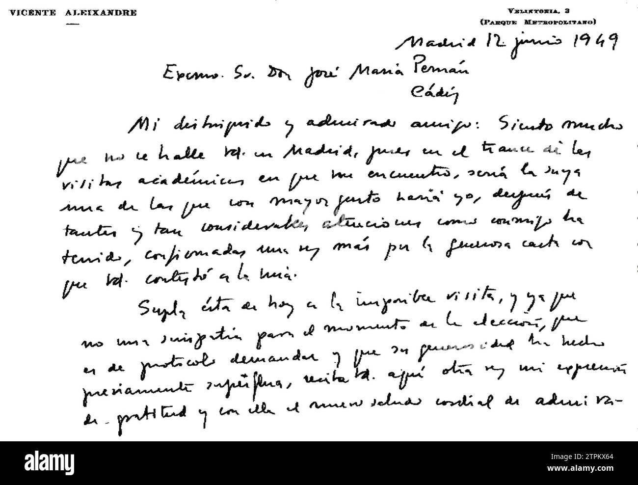 06/12/1949. Menu Aleixandre A Pemán. Crediti: Album / Archivo ABC Foto Stock