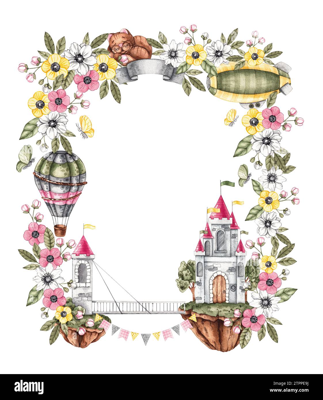 Cornice per bambini acquerello con principessa, castelli in aria, accessori e fiori su bianco. Cornice per bambini isolata su bianco per la progettazione di libri, gif Foto Stock