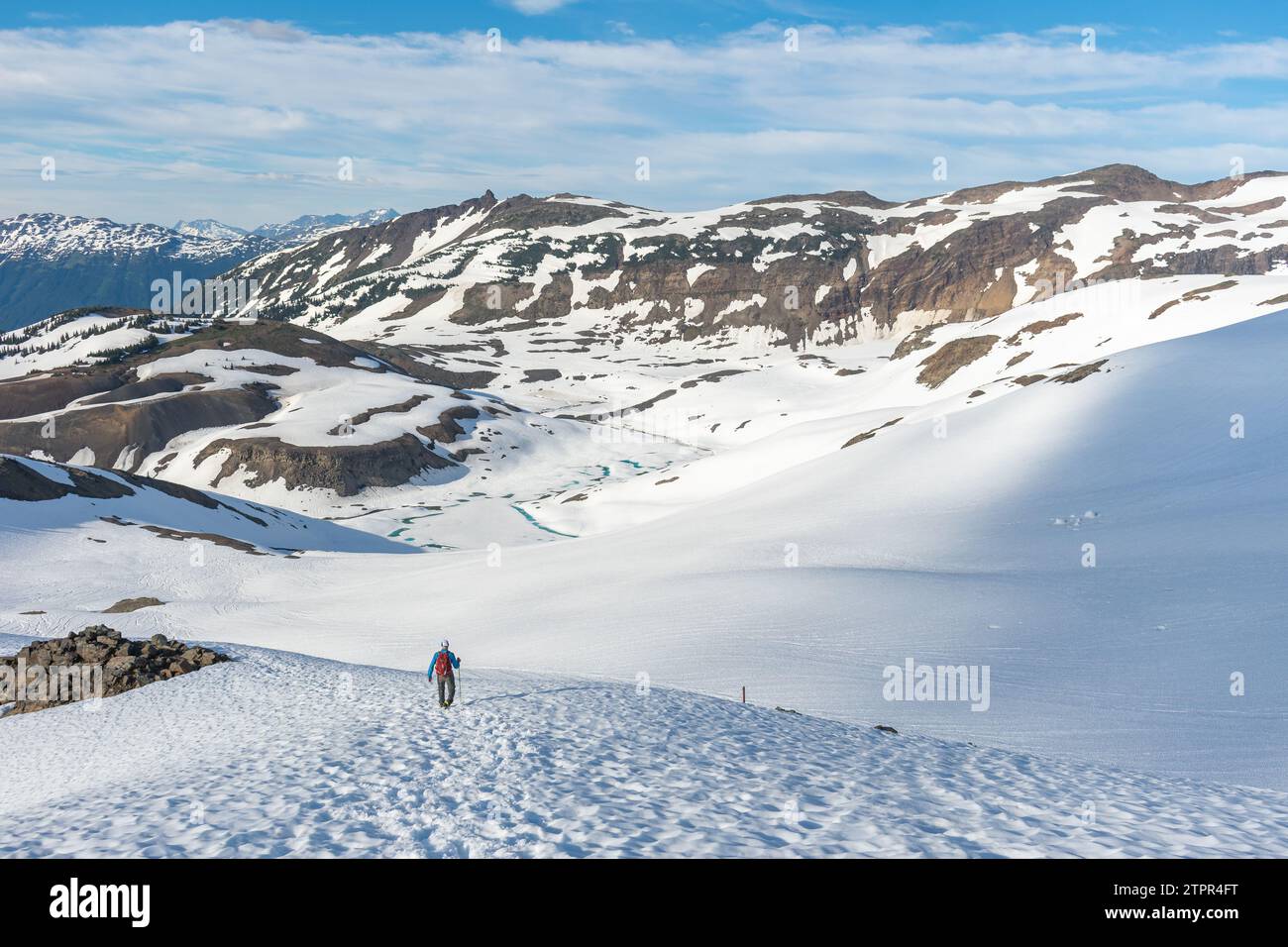 L'avventuriero scende sulle piste innevate di Panorama Ridge nella splendida British Columbia. Foto Stock
