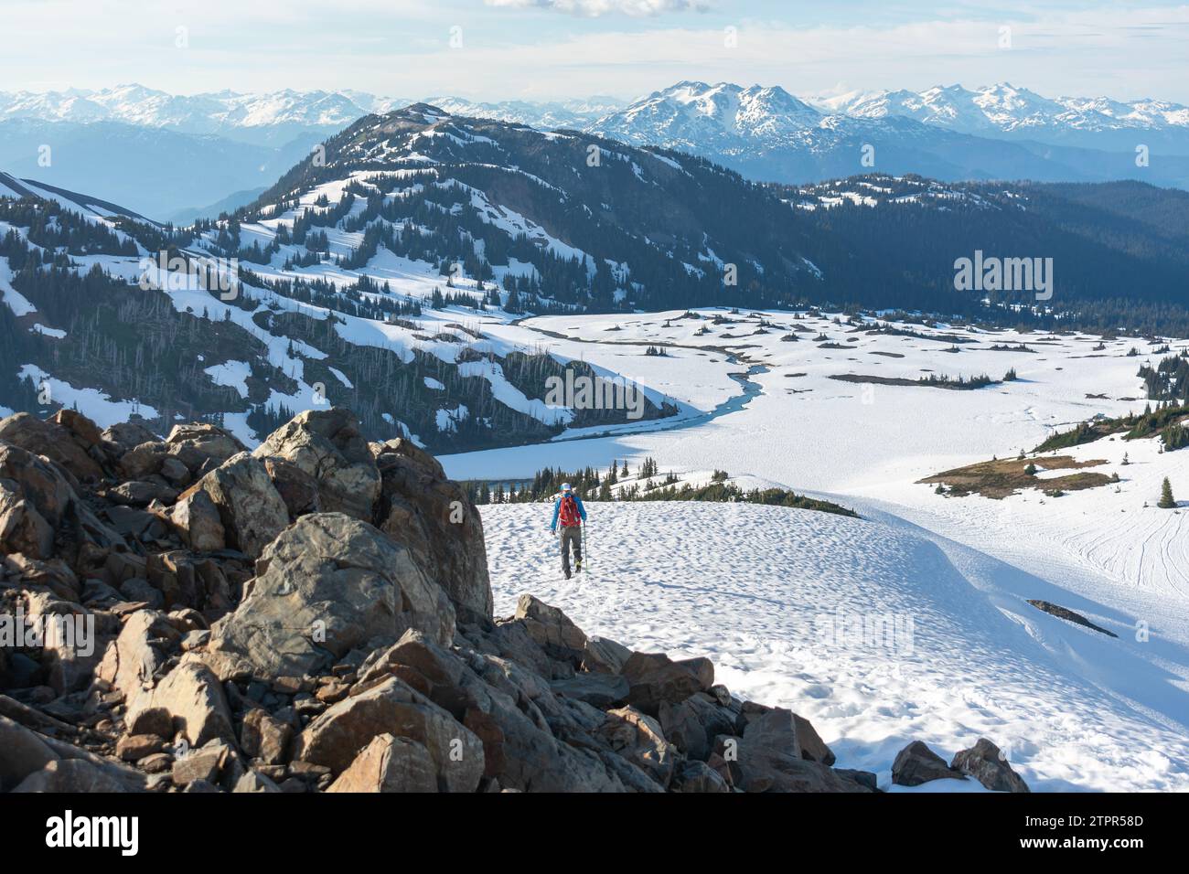 L'avventuriero scende sulle piste innevate di Panorama Ridge nella splendida British Columbia. Foto Stock L'avventuriero scende sulle piste innevate di Panorama Ridge nella splendida British Columbia. Foto Stock