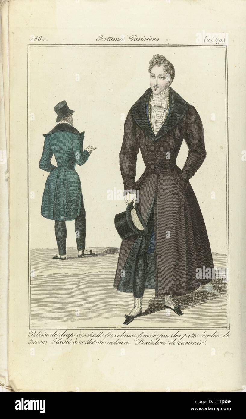 Journal of the Ladies and Modes 1830, Parisian Costumes (2839), 1830 Pelisse de Drap A Schall of Velvet chiuso da pasta delimitata da trecce. Camice con colletto in velluto. Pantaloni Casimir. Pelisse de Drap con incisione di carta Uno Schall di velluto chiuso da pasta delimitata da trecce. Camice con colletto in velluto. Pantaloni Casimir. incisione della carta Foto Stock