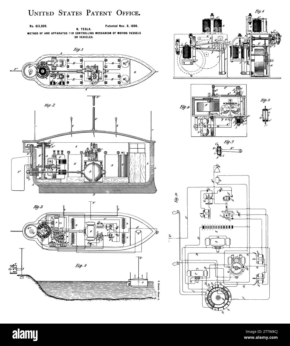 BREVETTO NIKOLA TESLA U.S. 613.809 - METODO E APPARECCHIATURA PER IL CONTROLLO DEL MECCANISMO DI VEICOLI O VEICOLI IN MOVIMENTO Illustrazione Vettoriale