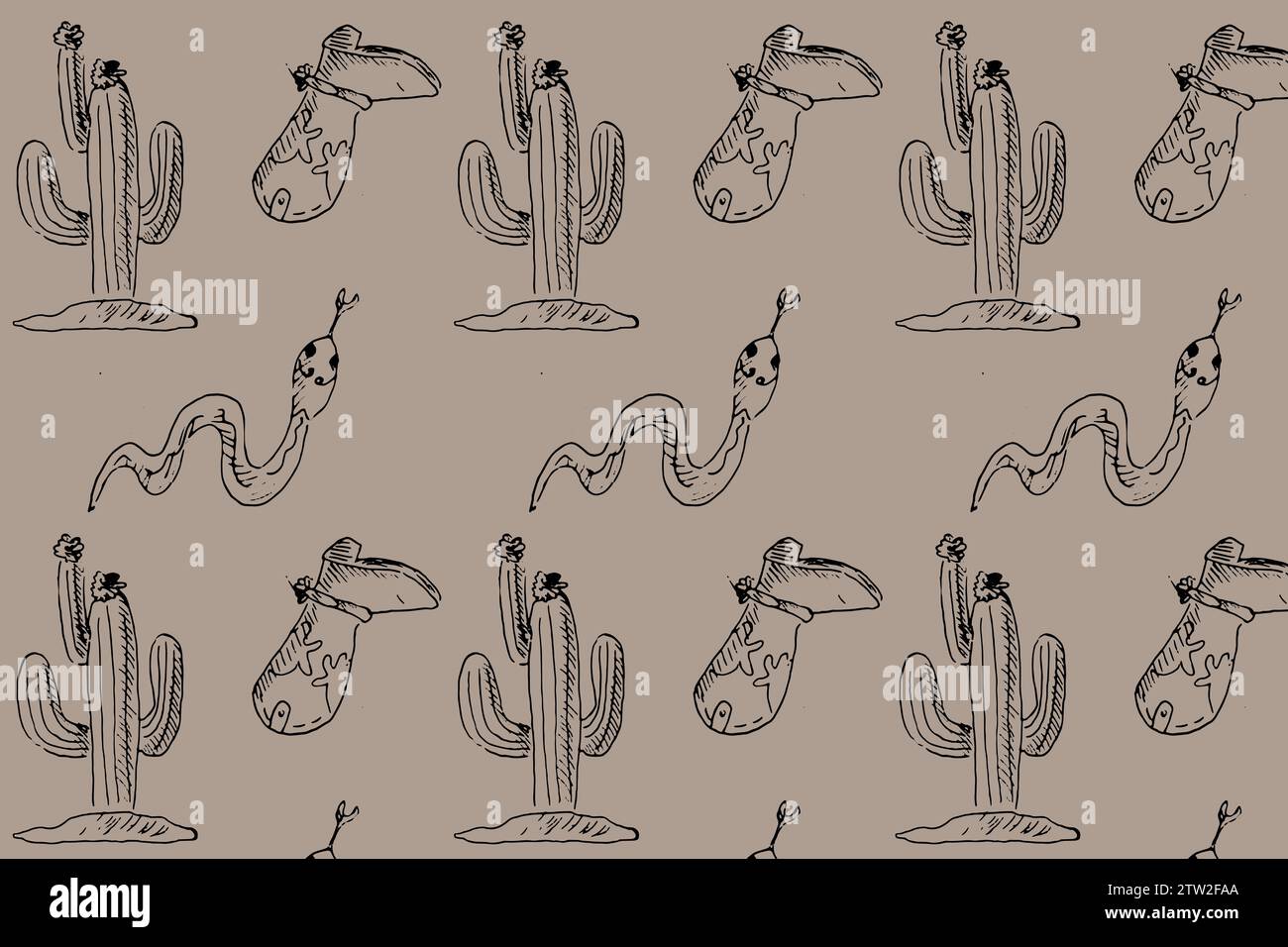 Disegno disegnato a mano di cactus, stivali, serpenti. Illustrazione vettoriale in stile retrò. Motivo mistico di cowboy o cowgirl, sfondo senza cuciture. Grafica vintage. Illustrazione Vettoriale