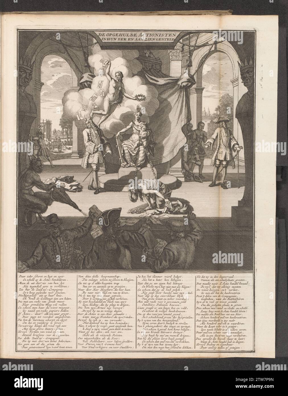 La South Sea Company con l'avidità su una catena, 1720, 1720 Teatro sul quale le personificazioni della South Sea compagnie e dei credenti di Liche sono sul trono e mantengono l'avidità su una catena. Goldness mangia le tue monete e distribuisce azioni di carta. In primo piano e ai lati commercianti di vento, tra le nuvole, fortuna si disperde di carte. Con didascalia in quattro colonne. Stampa in The Bound prima edizione (304 B 10) della grande scena di follia con cartoni animati sul commercio eolico o di azione del 1720. Teatro di incisione della carta dei Paesi Bassi del Nord su cui le personificazioni del South Sea Compagn Foto Stock